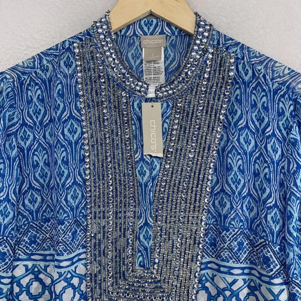 CHICOS Tunic 3 XL Chiffon Seaside Scroll Kurta Embellished Long Sleeve Blue NEW - Picture 4 of 14